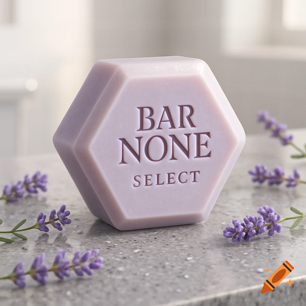 A hexagonal lavender bar of soap with 'Bar None Select' engraved, surrounded by lavender sprigs on a speckled countertop.