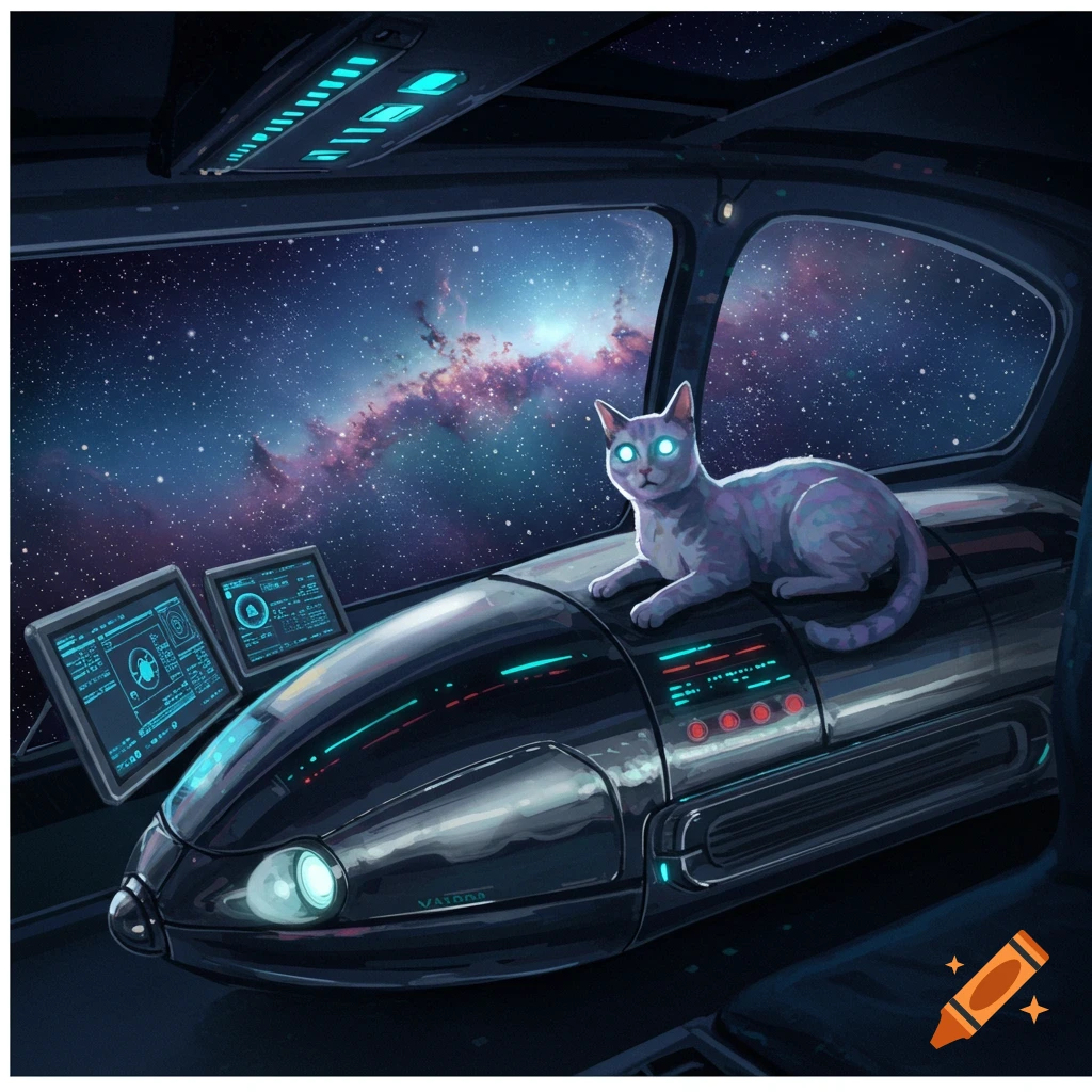 A grey cat with glowing blue eyes rests on a futuristic control panel in a spaceship, looking out at a vibrant galaxy through the window. Digital illustration.