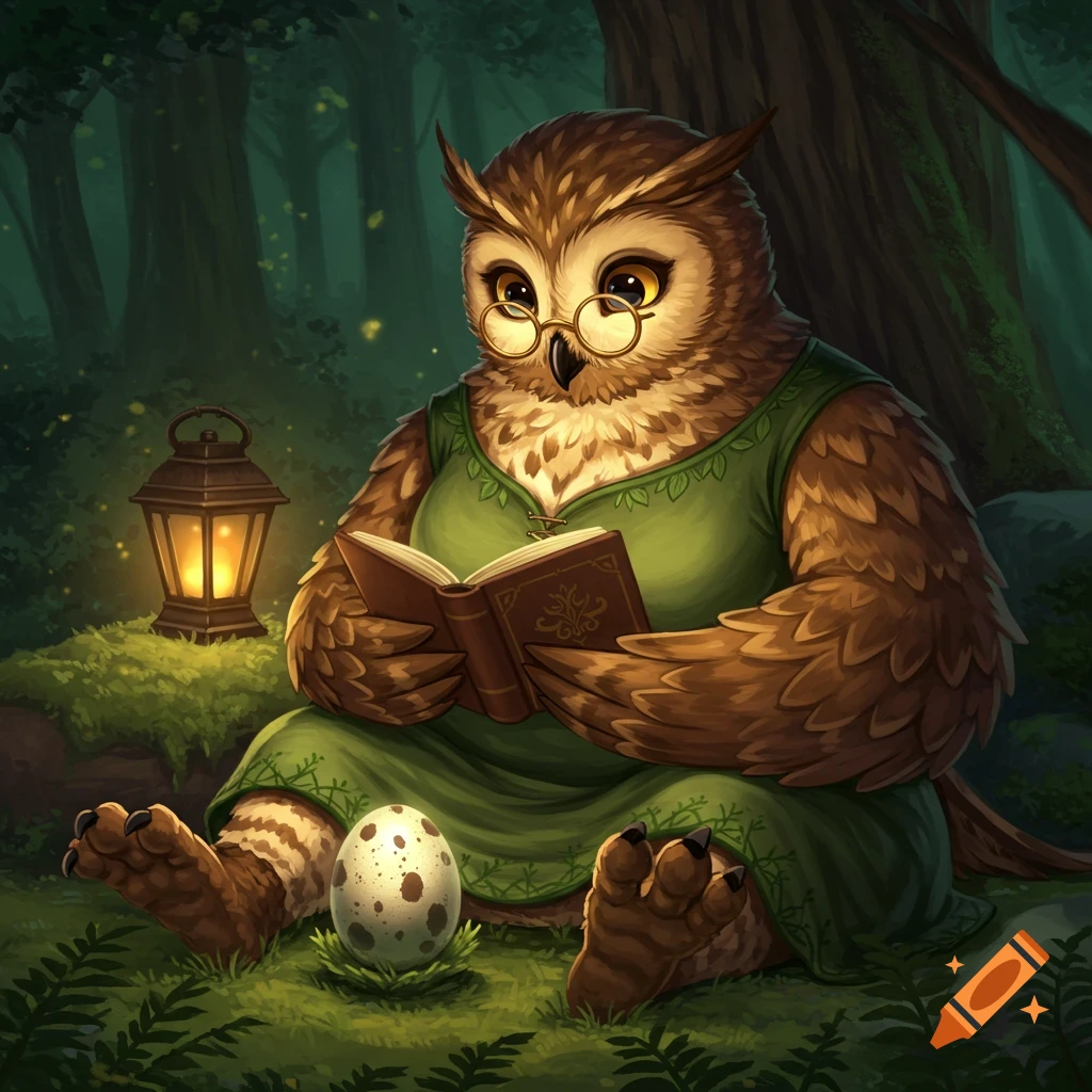 An anthropomorphic owl wearing glasses and a green dress sits in a forest, reading a book next to a speckled egg by lamplight.