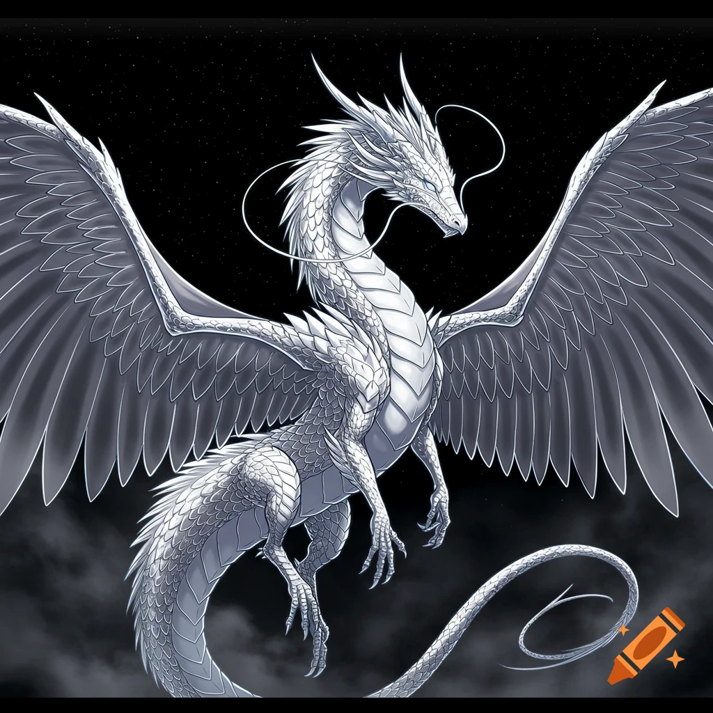 A majestic white dragon with large wings soars against a starry black sky, rendered in a comic art style.