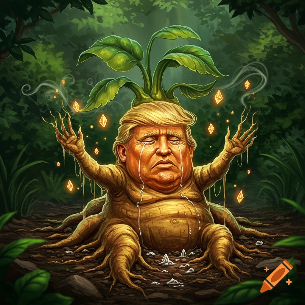 A crying mandrake creature with Donald Trump's face and root-like limbs, in a dark, magical forest with glowing crystals.