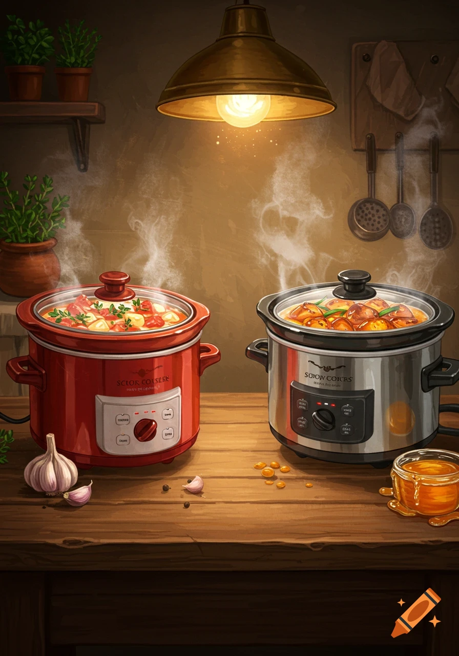 Two steaming slow cookers, one red and one silver, filled with food, sit on a wooden counter in a rustic kitchen.