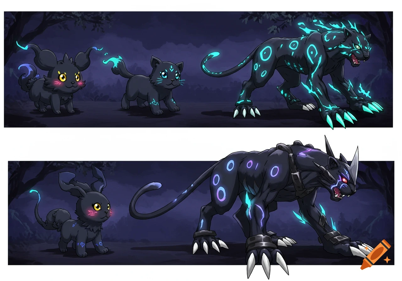 Two rows of evolving black panther-like creatures with glowing blue and purple markings, from cute small forms to fierce large forms, in a dark forest.