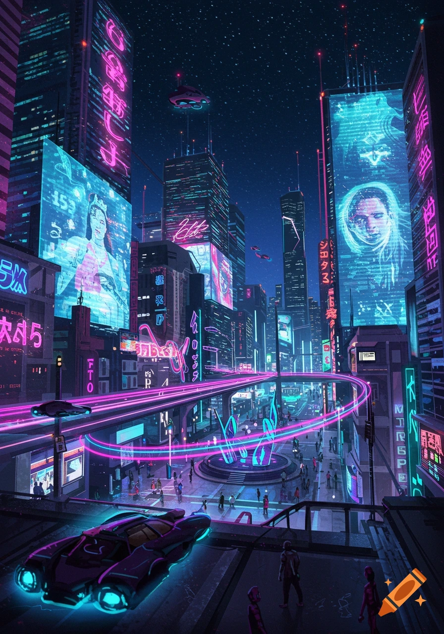 A vibrant cyberpunk city at night with neon lights, towering skyscrapers, flying vehicles, and crowded streets. Pink and blue glowing light trails wind through the city.