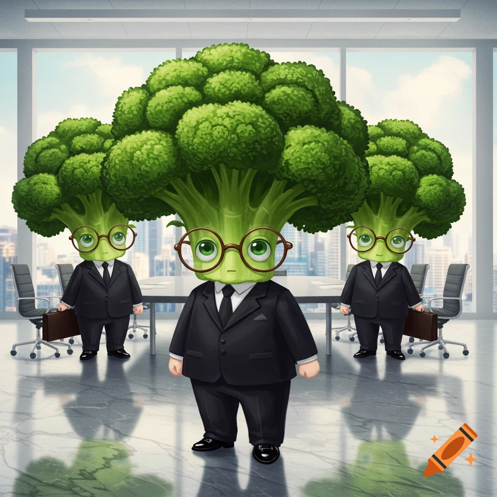 Three cute chibi broccoli business men wearing suits and glasses stand in an office meeting room.