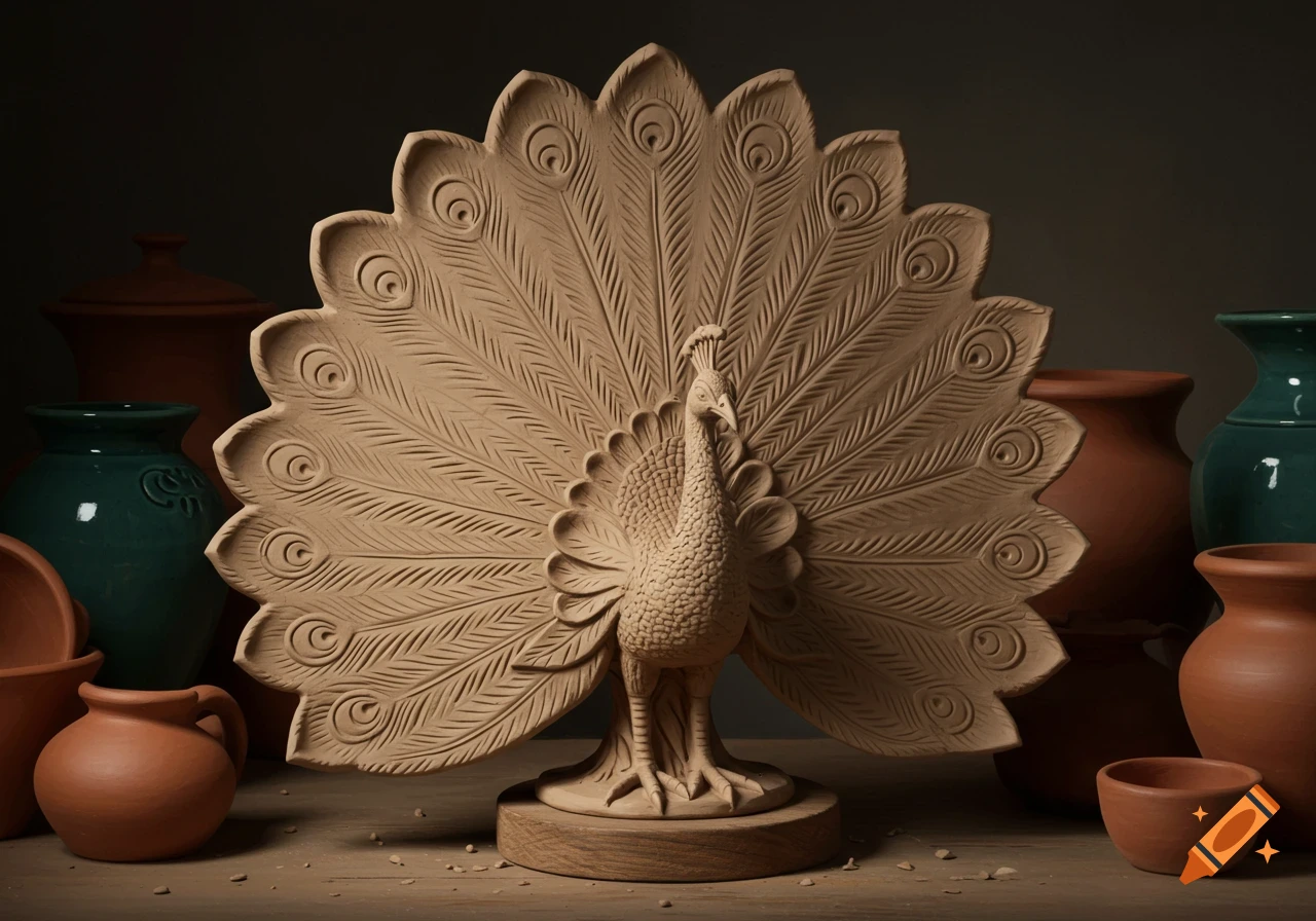 A detailed clay sculpture of a peacock with its tail fanned, surrounded by various terracotta pots on a dark background.