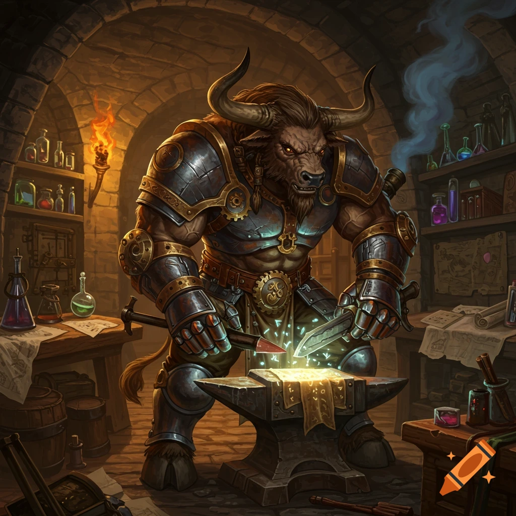 A powerful minotaur artificer in ornate armor hammers a glowing blade on an anvil in a dimly lit stone workshop filled with potions.