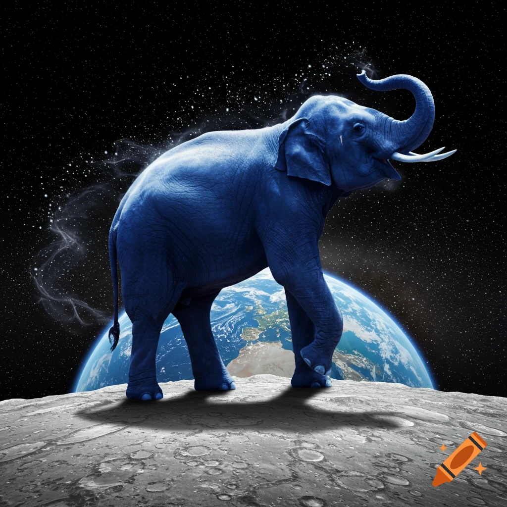 A blue elephant stands on the moon with Earth visible in the starry background.