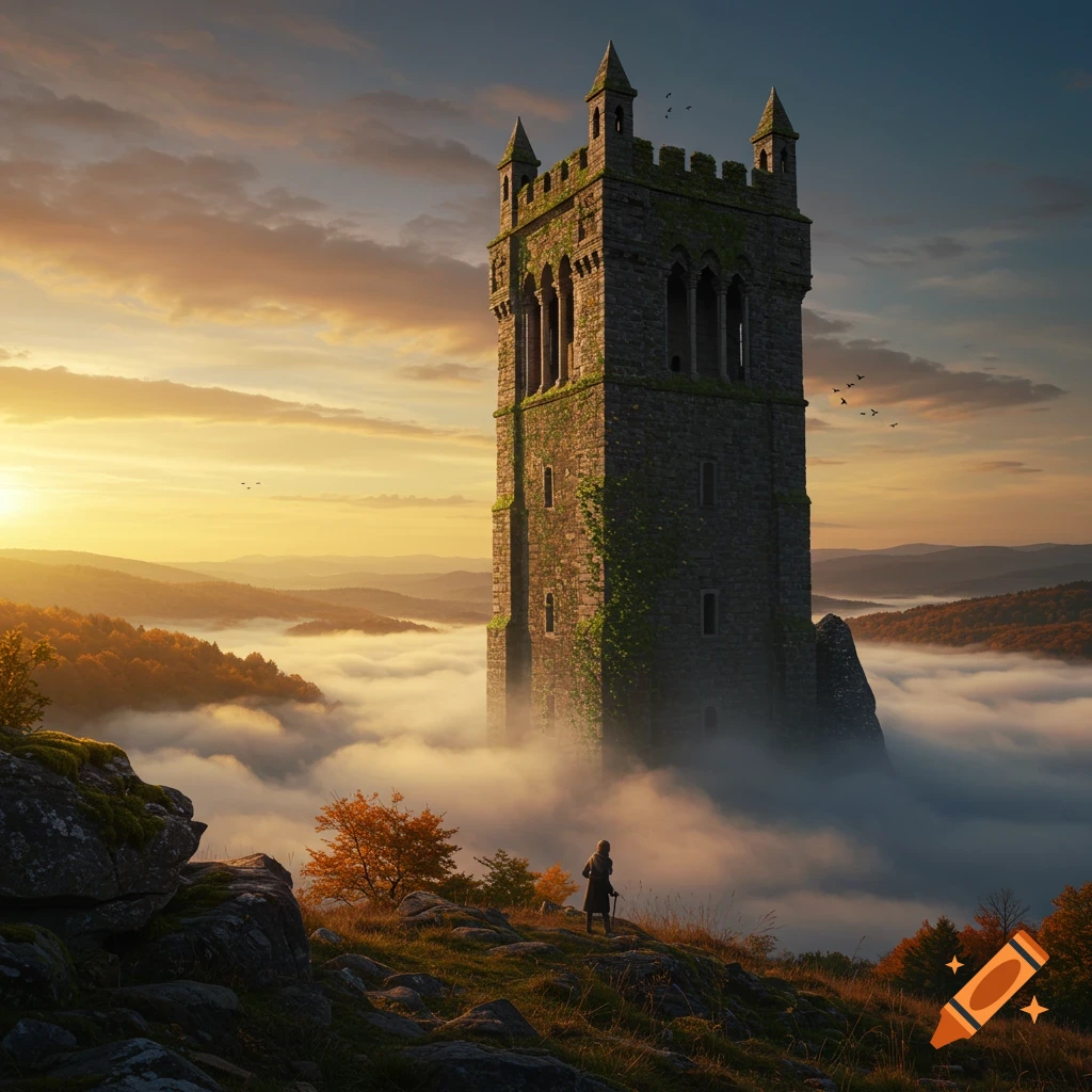 A lone figure on a hill overlooks a foggy mountain landscape at sunrise, with a tall, moss-covered stone tower emerging from clouds.