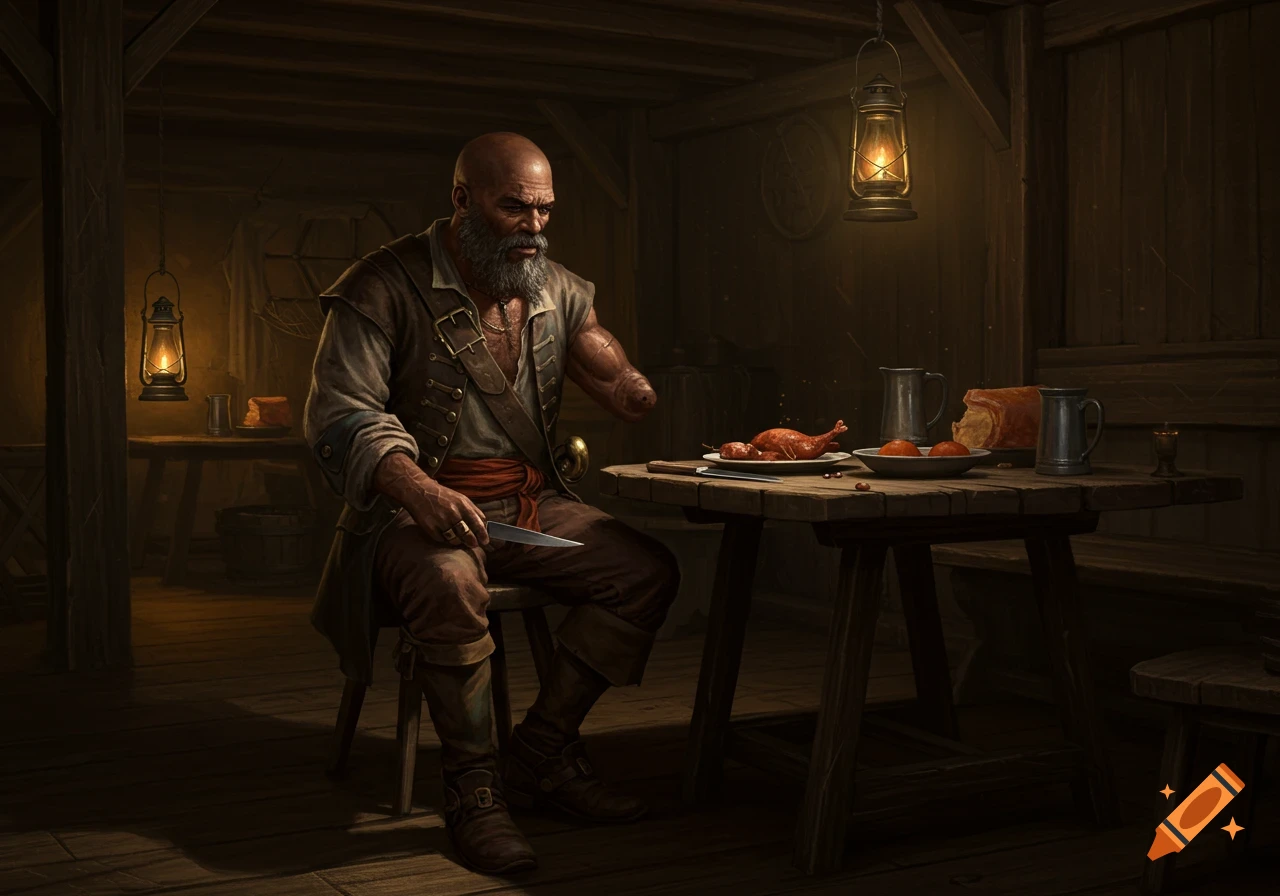 A bald, bearded pirate with a missing left arm sits at a dimly lit wooden table, holding a knife next to a meal and drinks, in a realistic style.