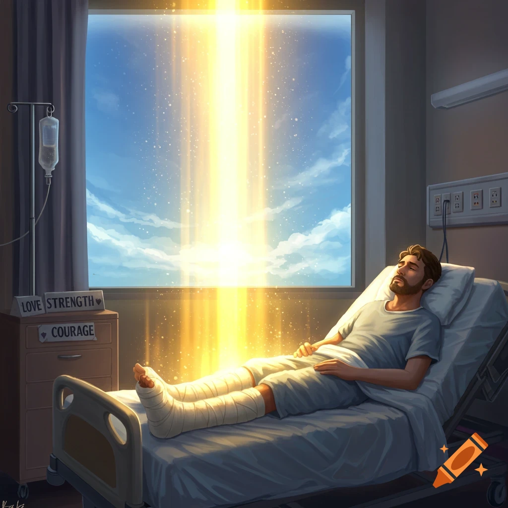 An illustrated man with casted legs lies in a hospital bed, a golden beam of light shining from the window, with 'LOVE STRENGTH COURAGE' on a bedside table.