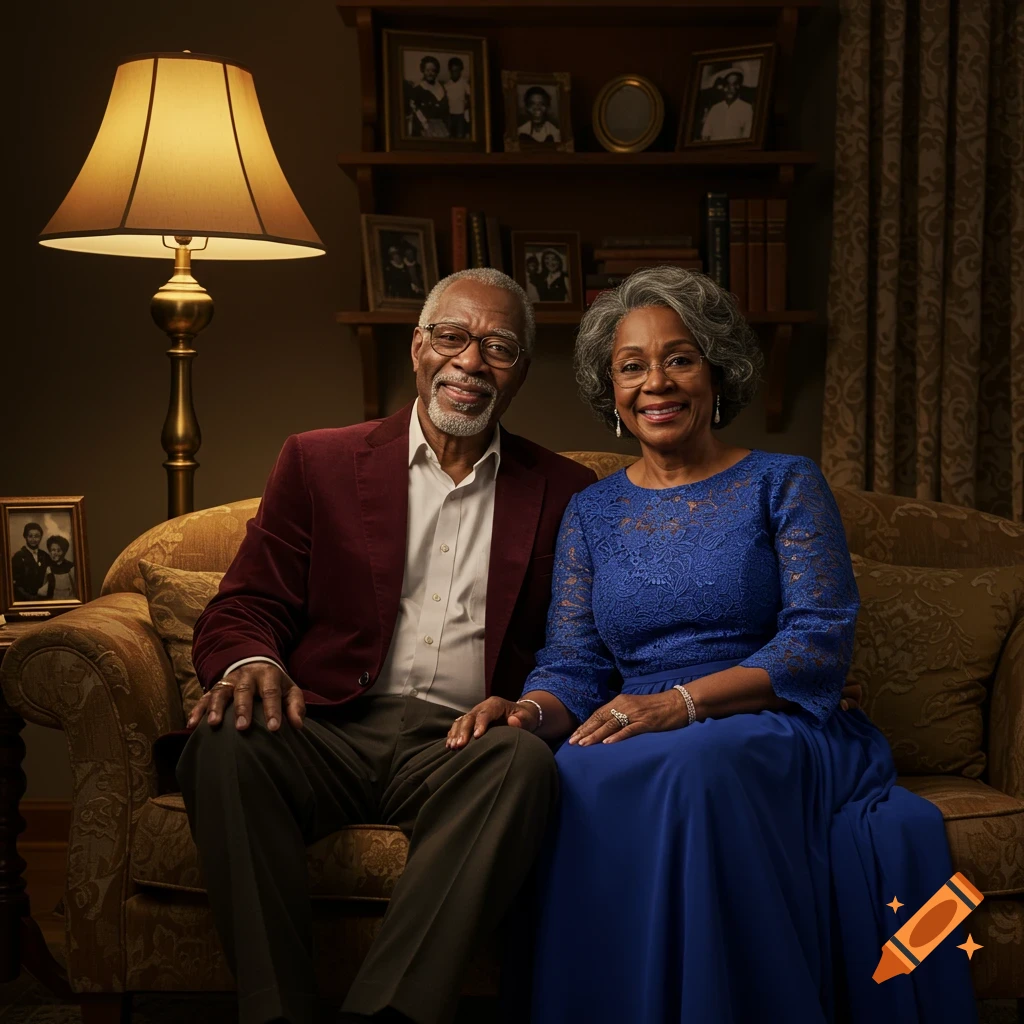 A smiling elderly Black couple sits on a couch in a warmly lit living room, looking directly at the viewer. Photorealistic.