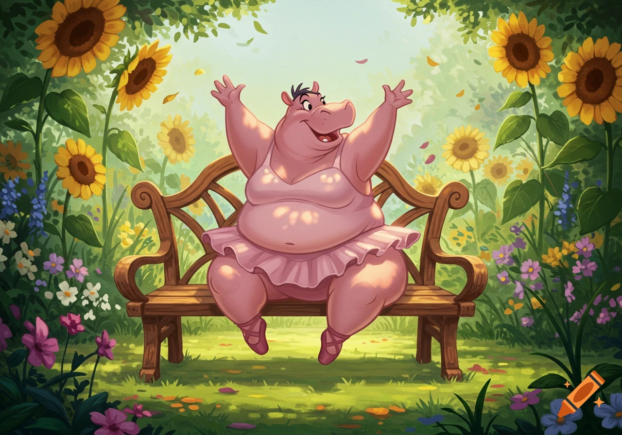 A happy cartoon pink hippo ballerina sits on a small bench in a sunny garden with sunflowers, hands raised.