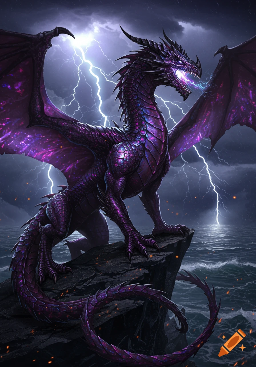A majestic purple and black dragon with glowing eyes roars from a cliff during a dramatic lightning storm over a dark, stormy sea.