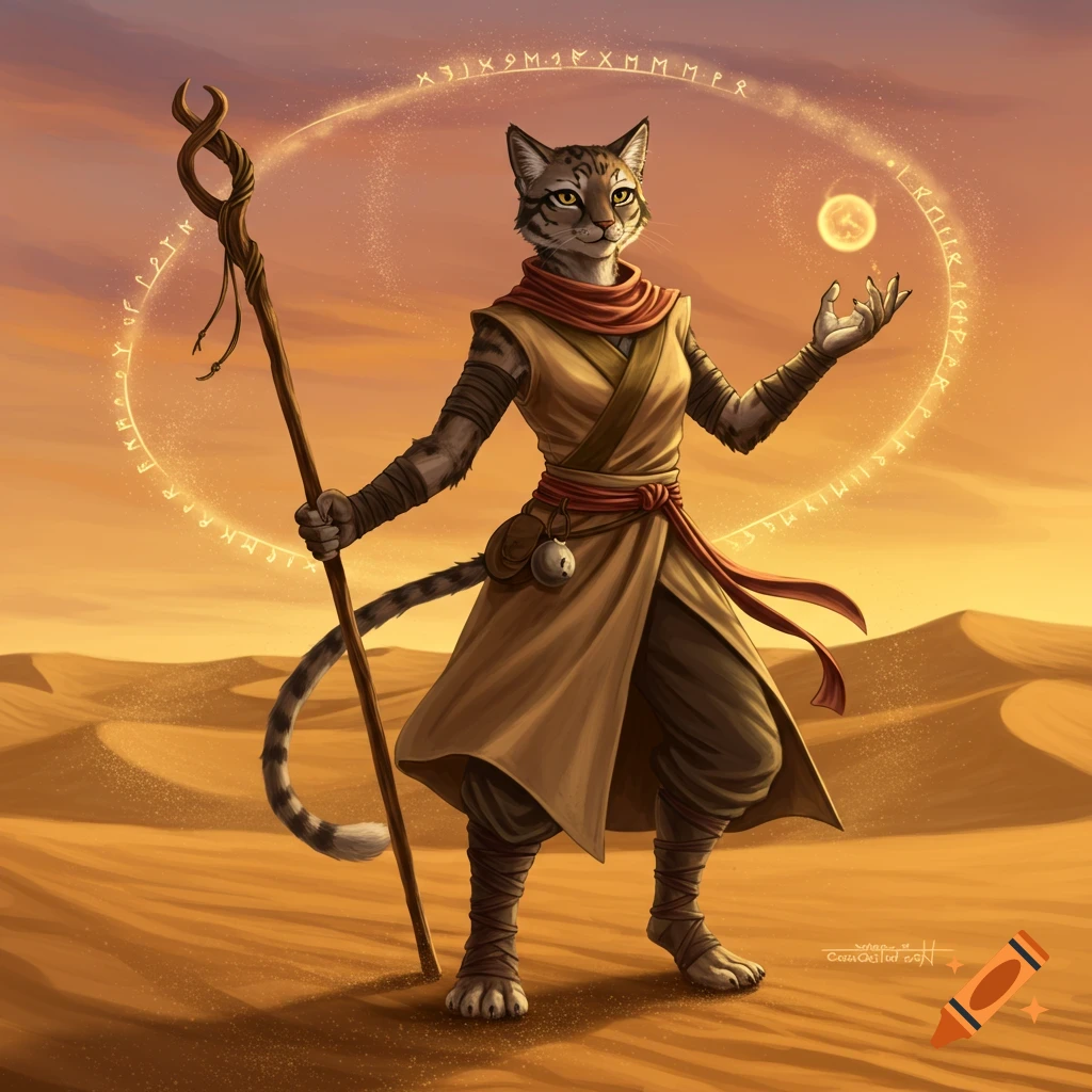 An anthropomorphic feline monk with striped fur stands in a desert holding a staff and conjuring a glowing orb amidst magical runes.