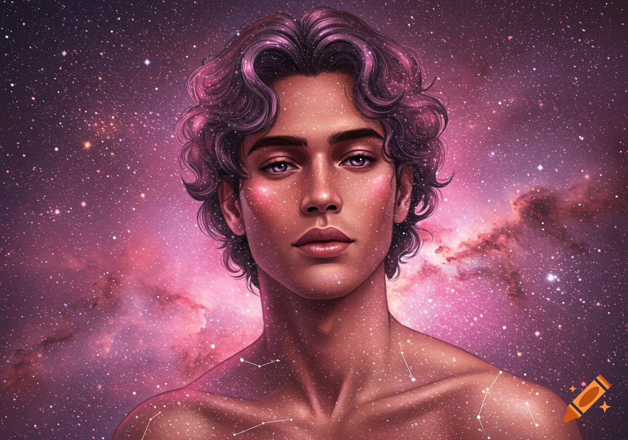 A close-up portrait of a man with purple wavy hair and eyes, covered in stars and constellations, against a pink and purple nebula background.