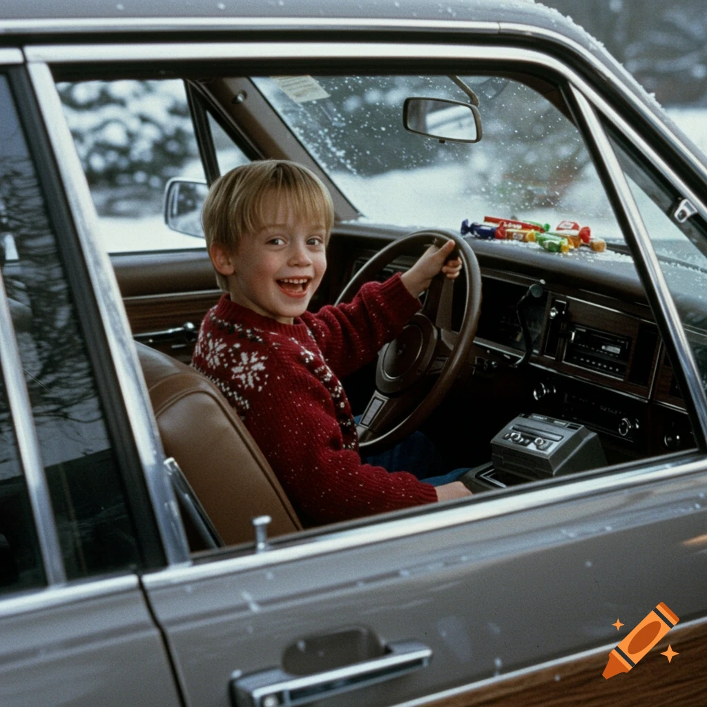 A smiling boy, Kevin from Home Alone, in a red snowflake sweater, sits in the driver's seat of a brown car with a snowy background.
