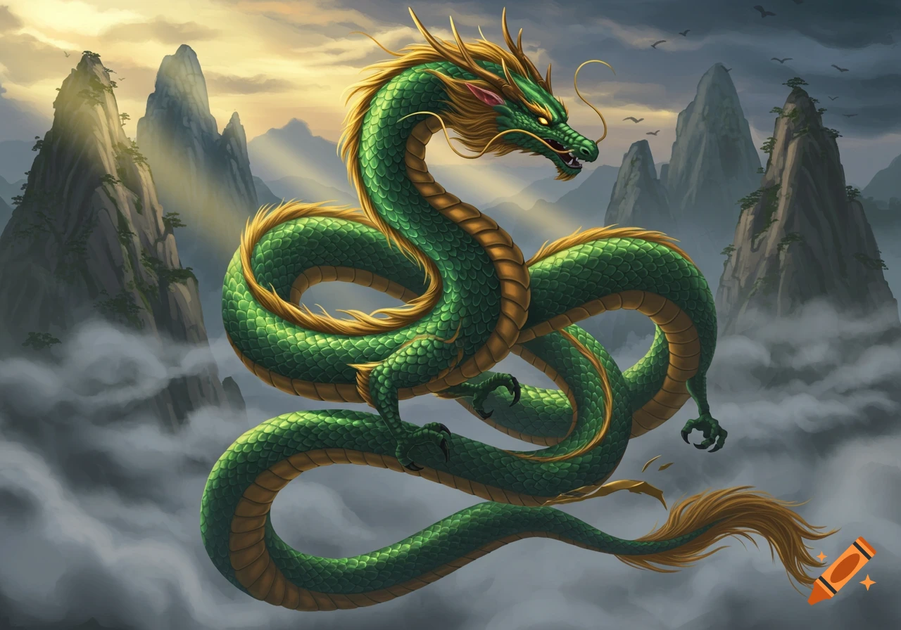 A vibrant green and gold dragon coils in the sky amidst towering mountains shrouded in clouds, with rays of sunlight.