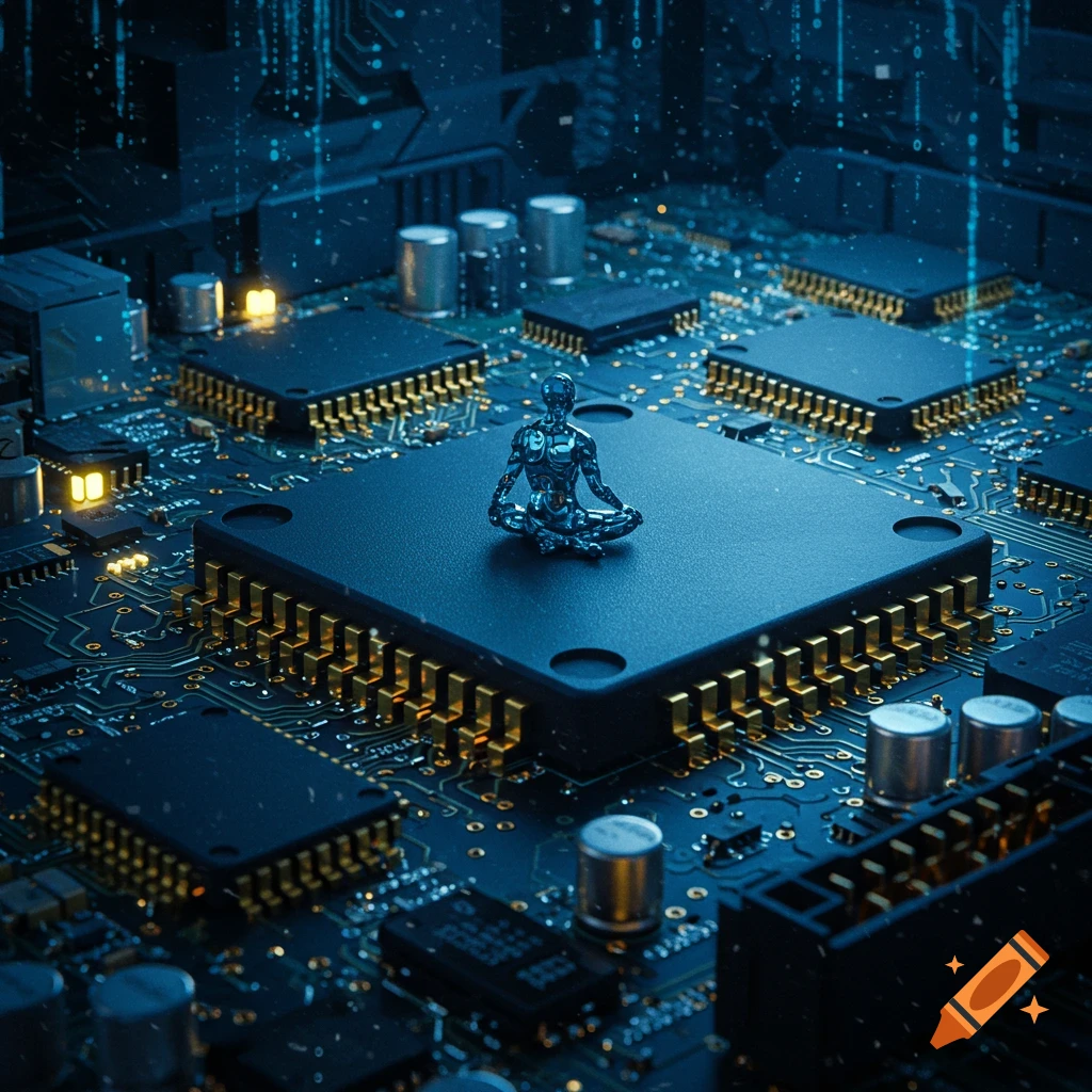 A metallic, humanoid figure meditates on a central computer chip amidst a complex, glowing circuit board, rendered in a futuristic style.