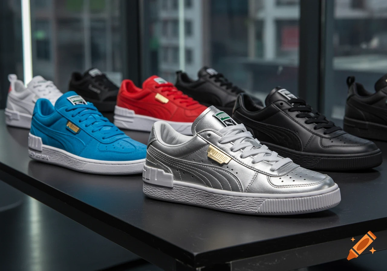 Multiple pairs of Puma sneakers in silver, blue, red, black, and white displayed on a dark surface.