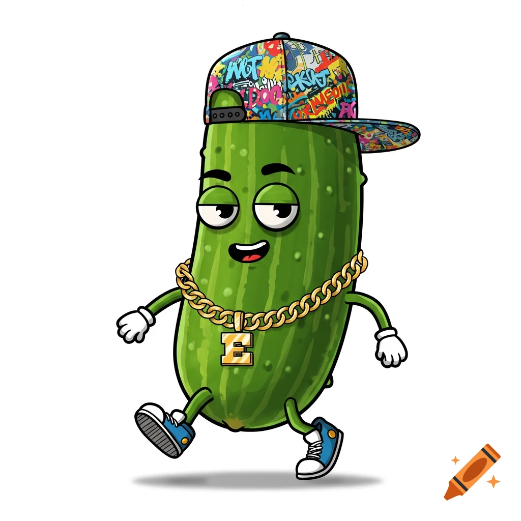 Cartoon cucumber wearing a graffiti cap, gold chain with an 'E' pendant, and sneakers, walking happily.