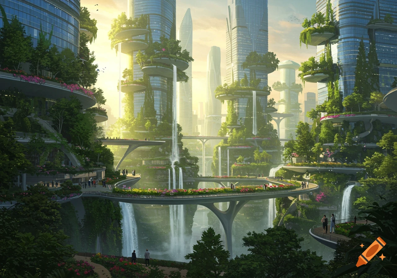 A photorealistic image of a vibrant futuristic city with green skyscrapers, elevated walkways, and cascading waterfalls under a golden sky.