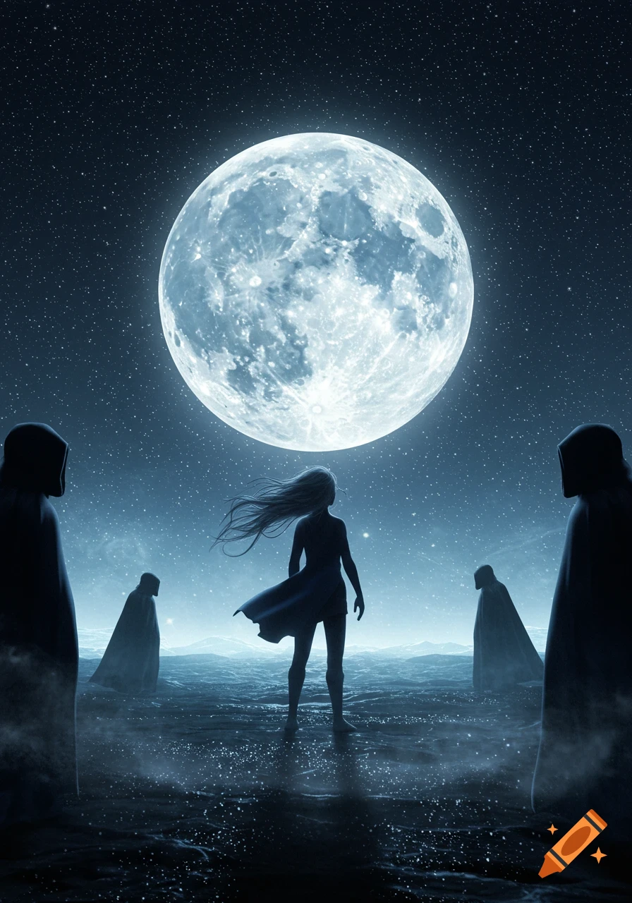 A girl stands facing a large full moon under a starry night sky, surrounded by cloaked figures on a misty, dark landscape.