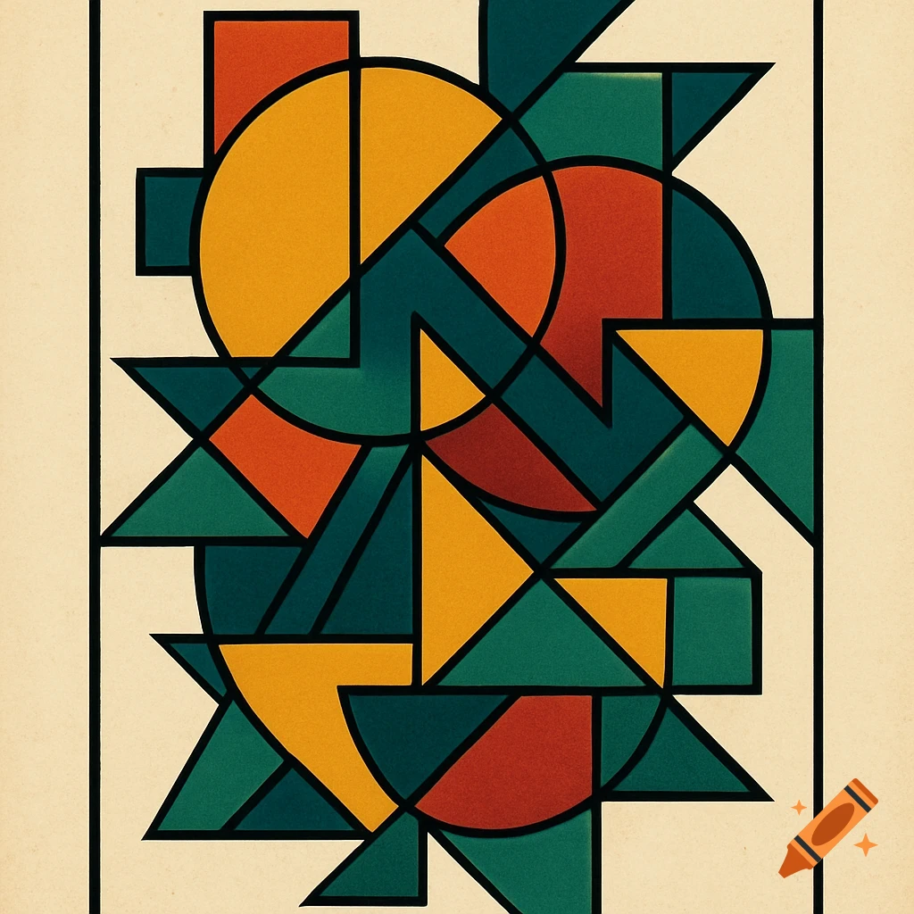 A vintage Bauhaus-style abstract geometric art poster with interlocking yellow, orange, and dark green shapes on a light background.