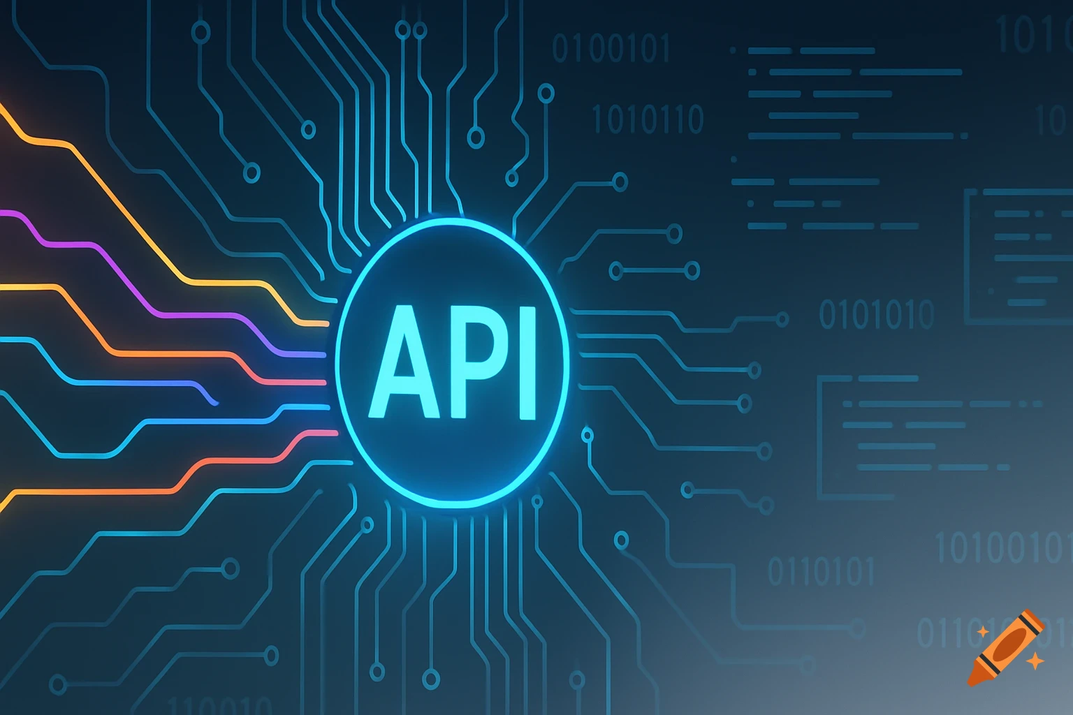 Glowing blue API symbol on a dark circuit board background with colorful lines and binary code, representing technology.