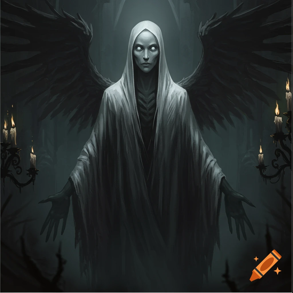 Dark monochromatic image of a hooded, skeletal figure with large black wings and glowing white eyes in a gothic setting.