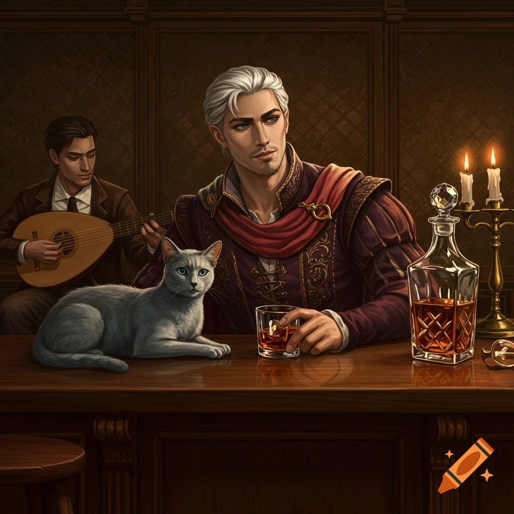 Silver-haired man in ornate attire sips whiskey at a bar, a grey cat beside him. A musician plays a lute in the background in a Renaissance digital art style.