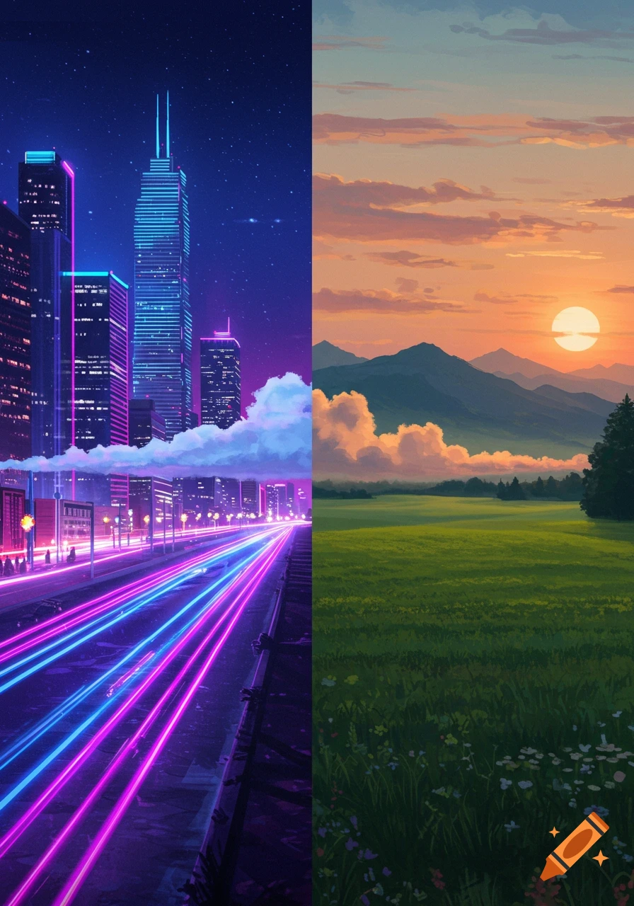 A split image, with a neon-lit futuristic city at night on the left, and a serene green field with mountains and a sunset on the right.
