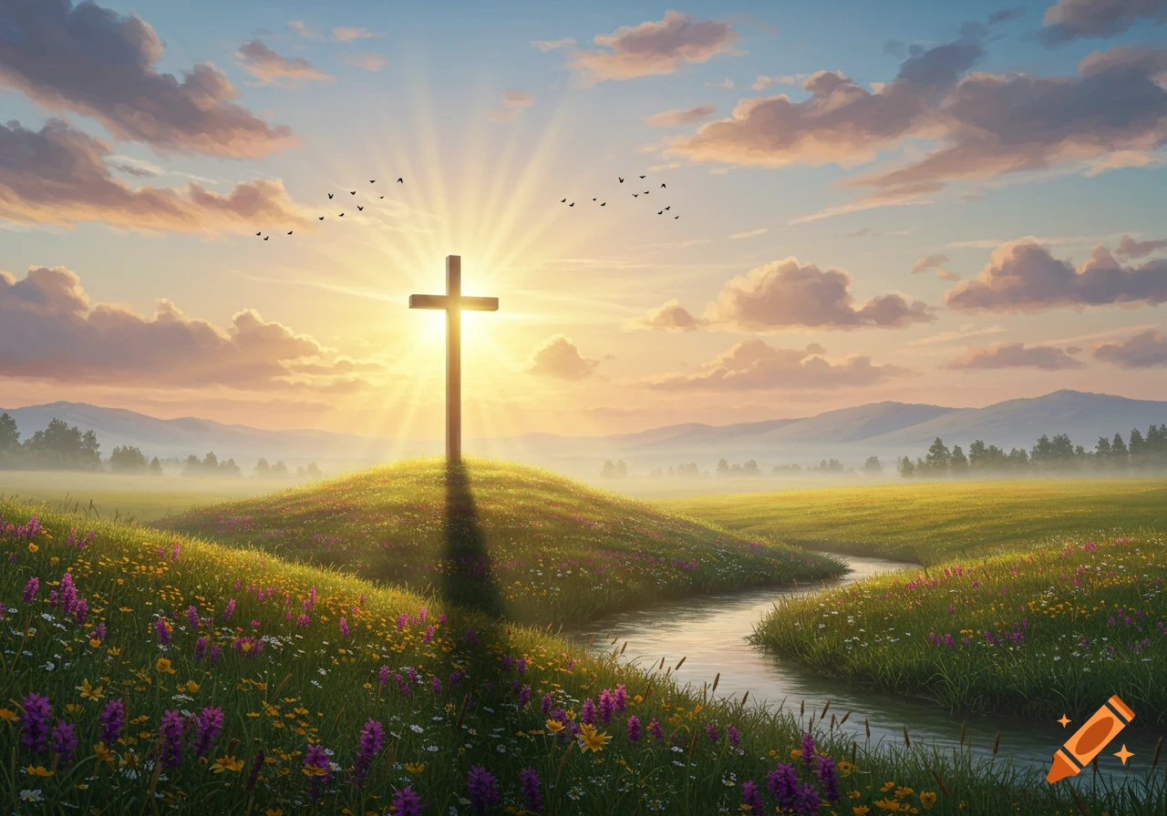 A Christian cross on a wildflower-covered hill overlooks a winding river at sunset, with sun rays beaming from behind it.