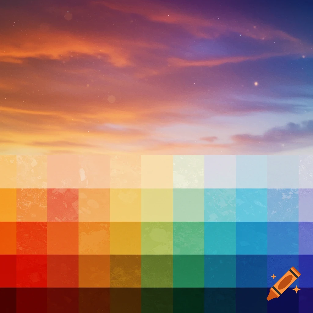 A vibrant sunset or sunrise sky above a grid of textured color swatches in a rainbow gradient.