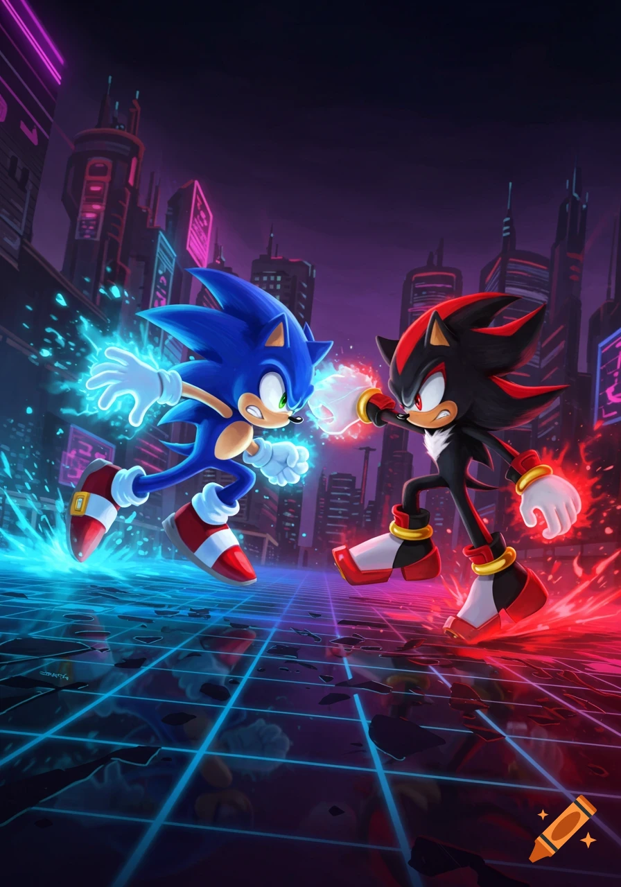 Sonic and Shadow face off, crackling with blue and red energy, on a grid floor in a neon-lit futuristic city.