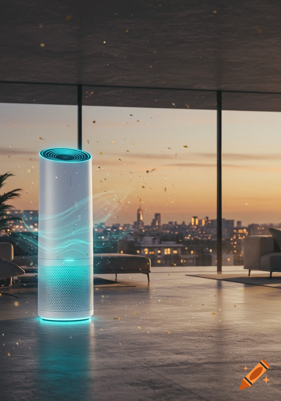 Photorealistic image of a white air purifier with blue light, clearing dust in a modern apartment overlooking a city at sunset.
