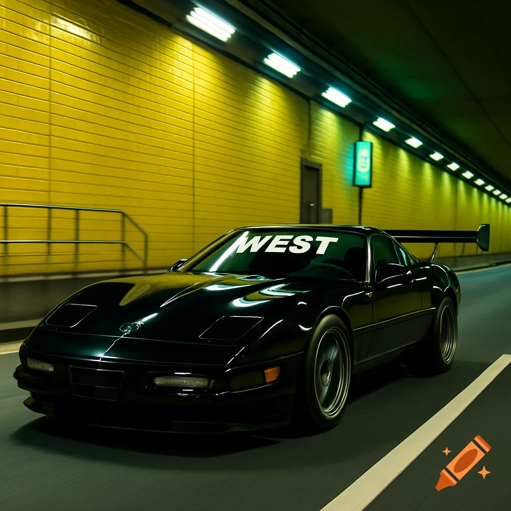 A black customized 1994 Chevrolet Corvette C4 with a rear wing and 'WEST' on its windshield speeds through a yellow tiled tunnel.