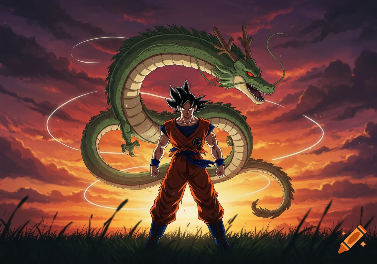 Goku stands heroically in front of the Shenron dragon against an orange sunset sky, anime style.