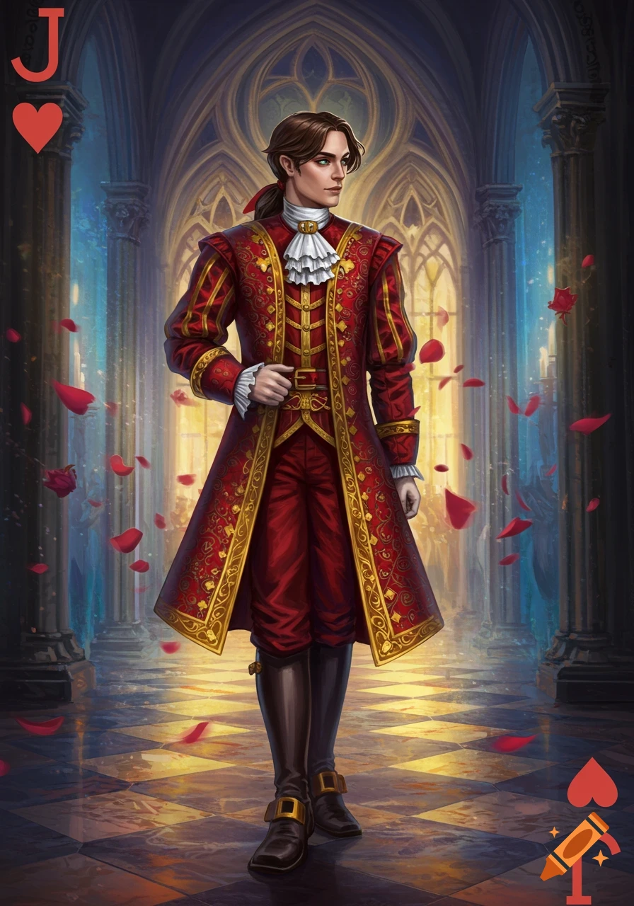 Full-body portrait of a man in elaborate red and gold princely attire, with 'J' and heart symbols, standing in a gothic hall.