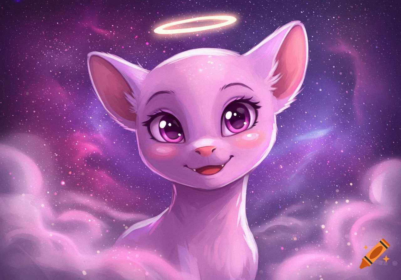 A cute, pink, angelic cat-like creature with large purple eyes and a halo, smiling against a vibrant purple galaxy background with pink clouds. Cartoon illustration.