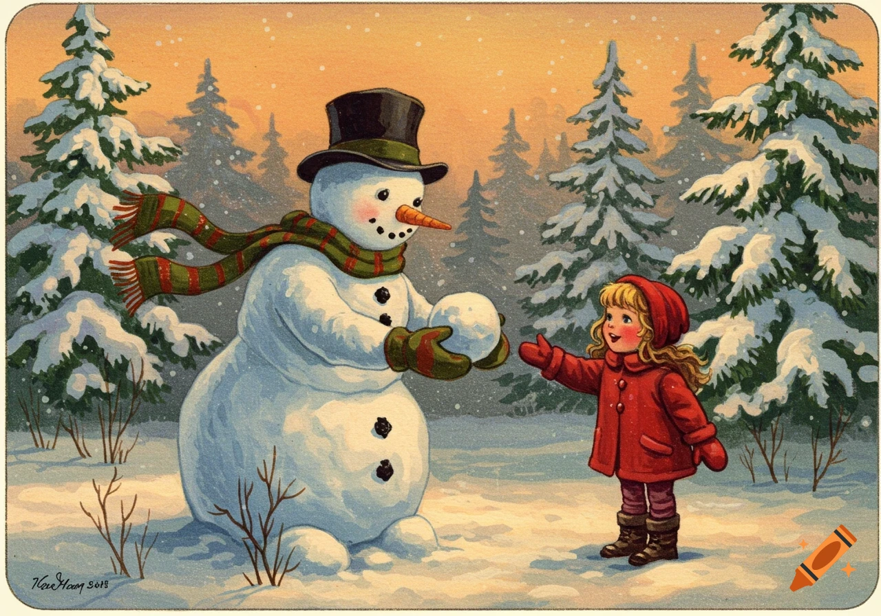 A vintage illustration of a snowman handing a snowball to a happy little girl in a snowy forest.