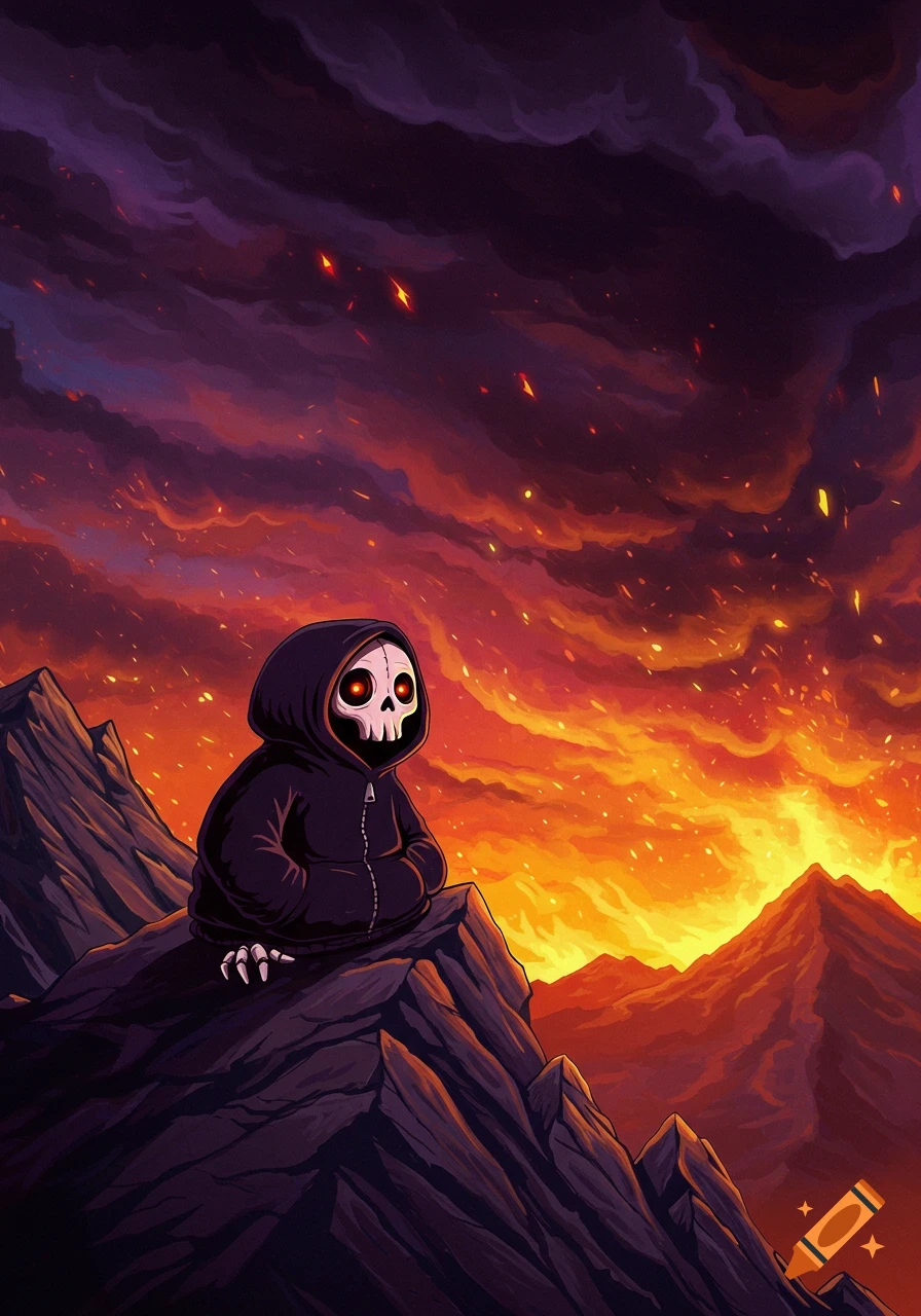 Cartoon skull figure in a black hoodie sits on a mountain, observing a fiery, hellish sky over a volcanic landscape.