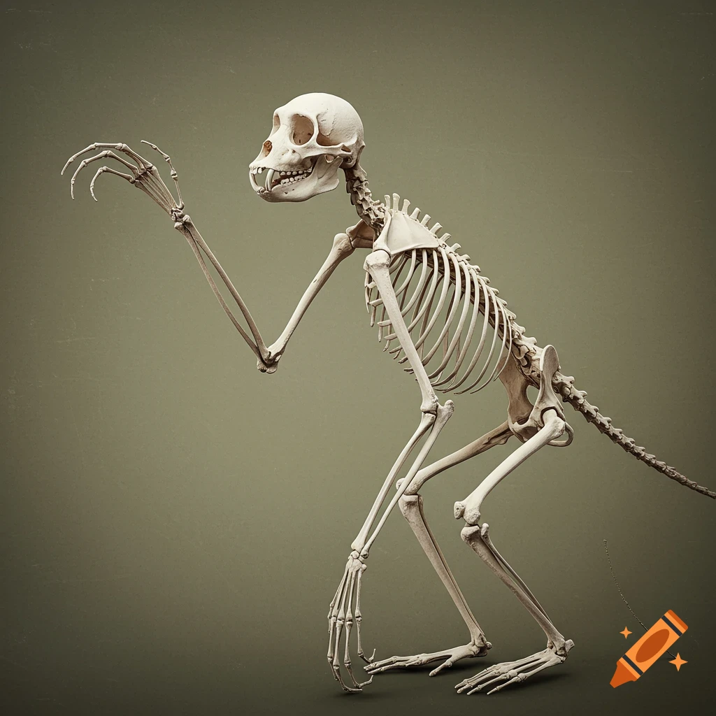 Photorealistic white skeleton of a spider monkey with a raised hand and bared teeth, against a muted green background.