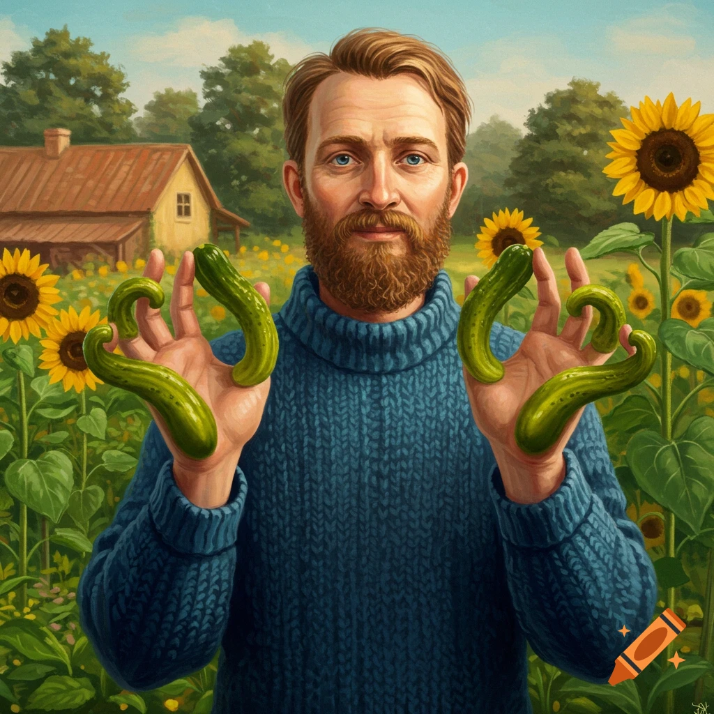 A bearded man in a blue jumper holds curved green pickles instead of fingers in a sunny sunflower field with a farmhouse.