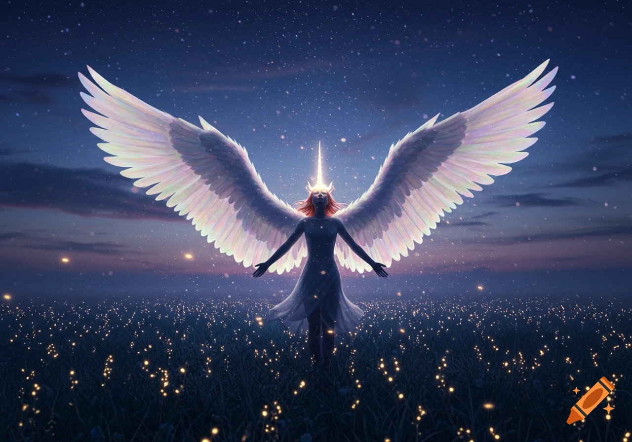 A winged figure with a unicorn horn stands in a glowing field under a starry night sky, arms outstretched.