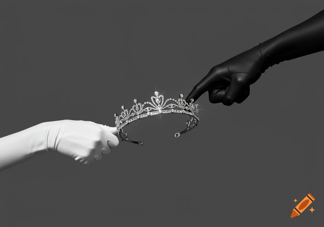 A black and white image of a white-gloved hand holding a sparkling tiara, while a black-gloved hand touches it, both against a grey background.