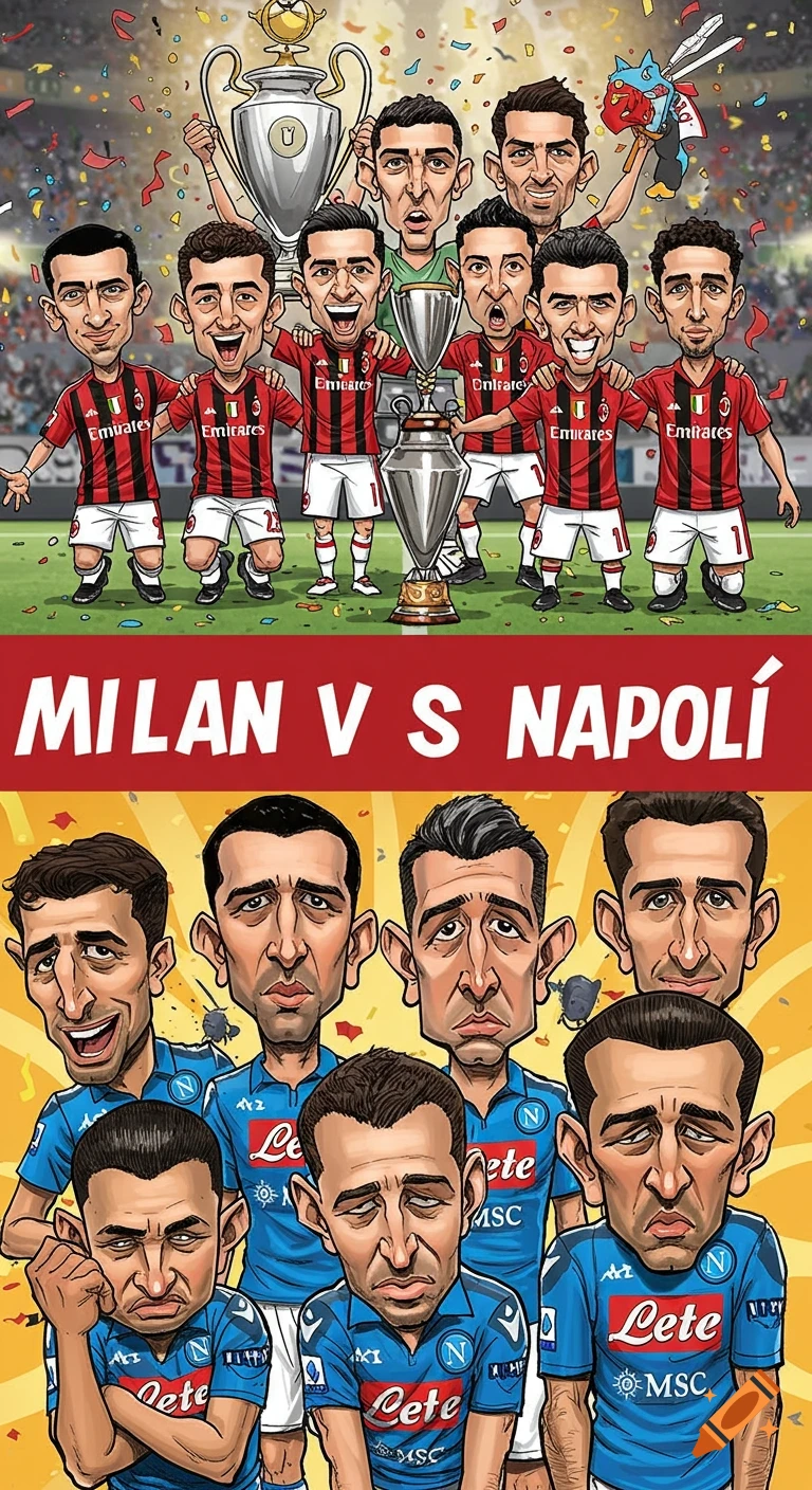 Satirical cartoon of football players: jubilant AC Milan team with trophies above dejected Napoli team.