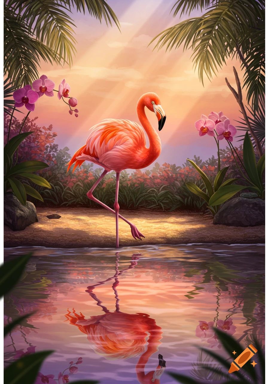 A vibrant pink flamingo stands in shallow water at sunset, reflected perfectly, surrounded by tropical foliage and orchids.