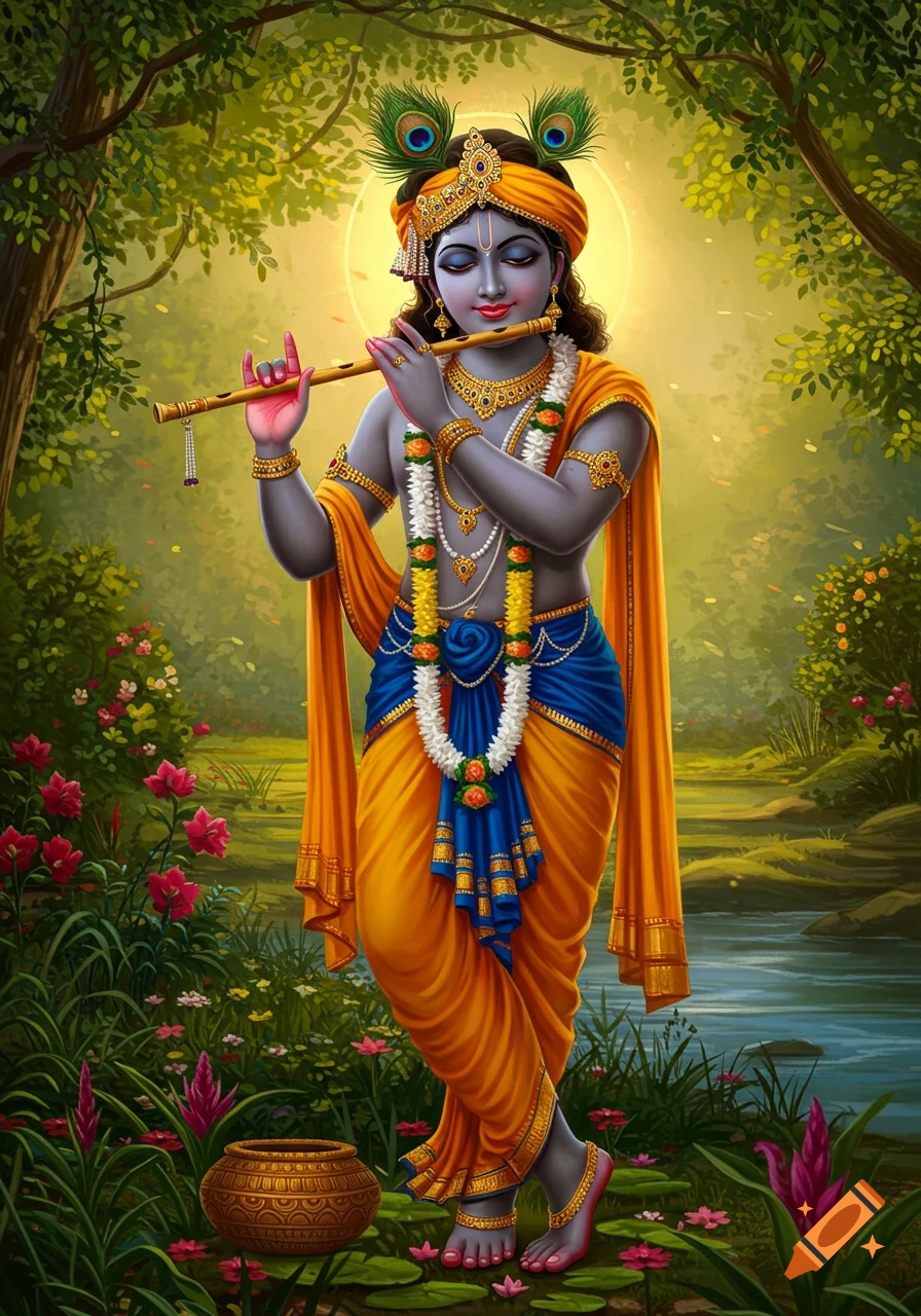 Vibrant illustration of Lord Krishna with blue skin, wearing yellow and blue robes, playing a flute in a lush green forest by a river.