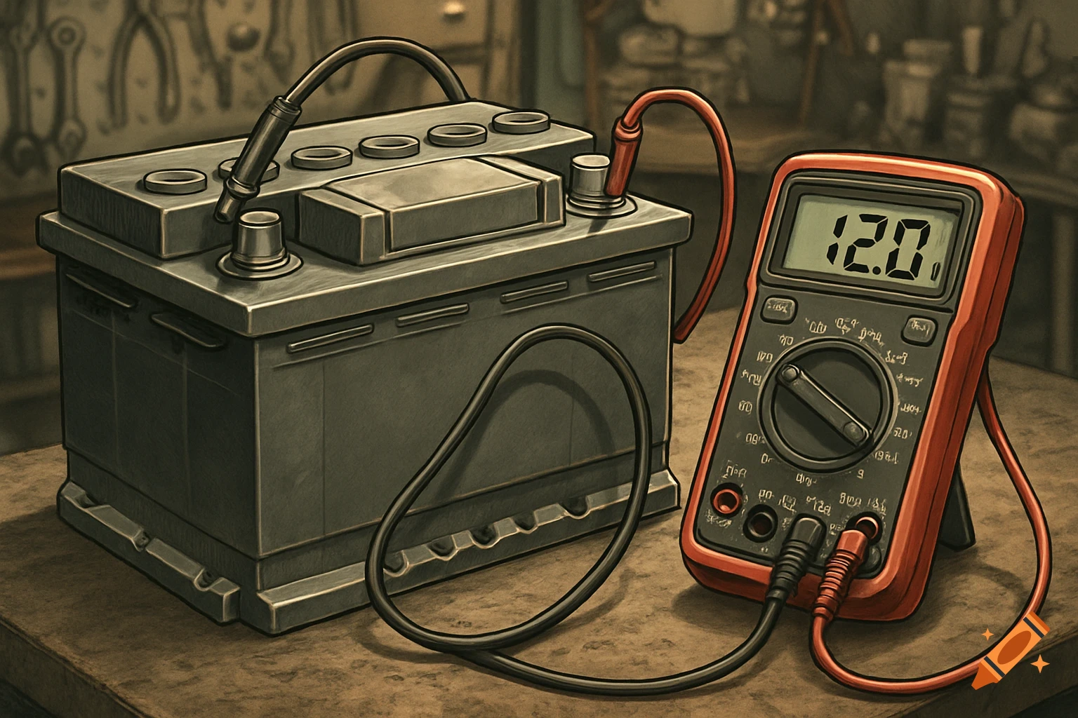 A stylized illustration shows a car battery connected to a multimeter displaying '12.0' volts on a workbench.